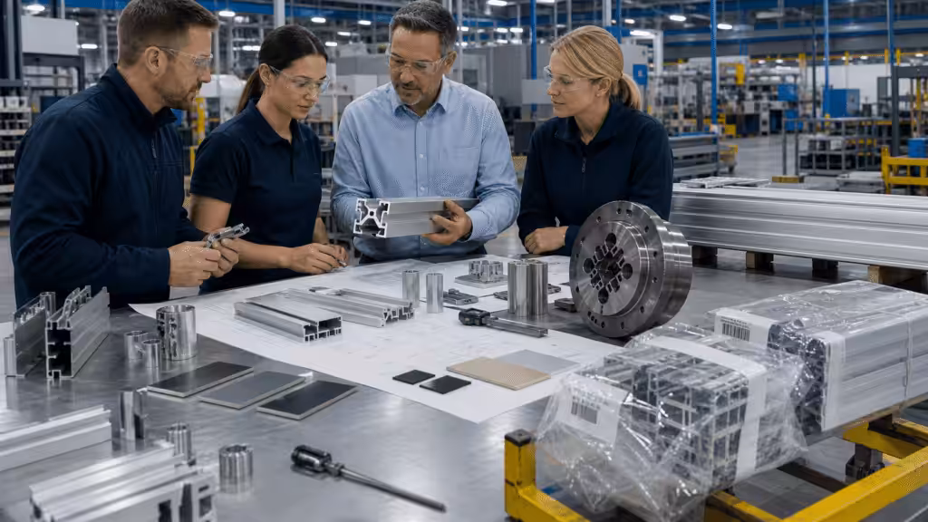 Team evaluating aluminum profiles, tooling, inspection, and traceability at an extrusion manufacturer.