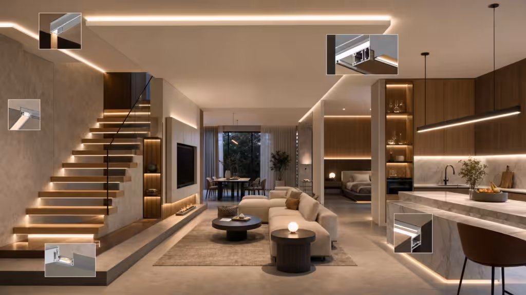 LED aluminum profiles transforming a modern interior with integrated linear lighting