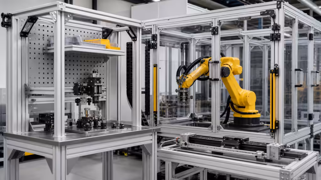 T-slot aluminum profiles used in modular machine frames, robot cells, guards, and workstations.