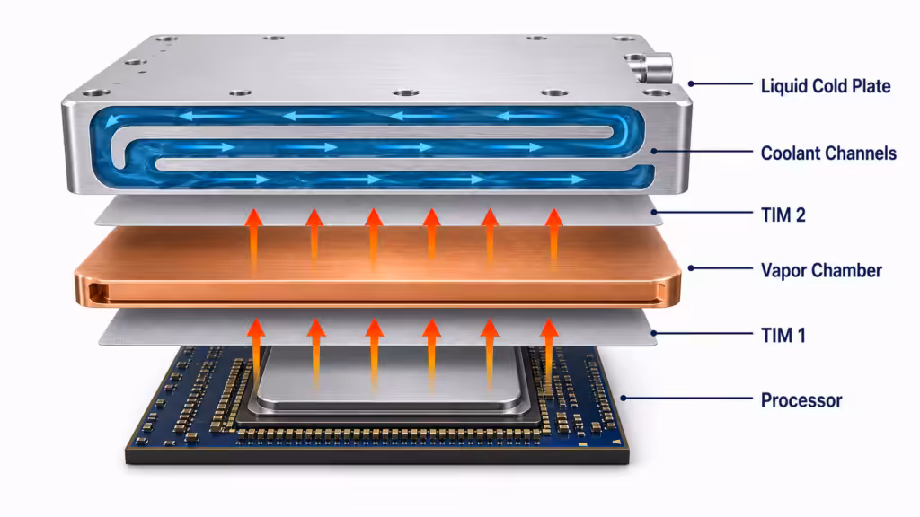 High heat flux processor cooling stack with TIM layers, vapor chamber, and liquid cold plate coolant channels
