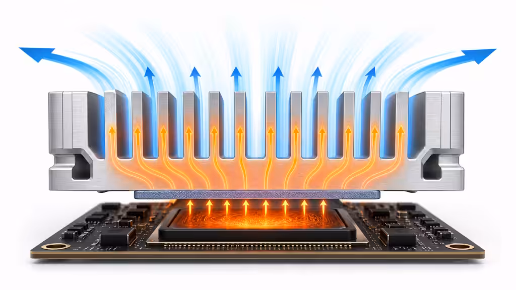Aluminum heatsink thermal path from chip junction through TIM, base, fins, and airflow