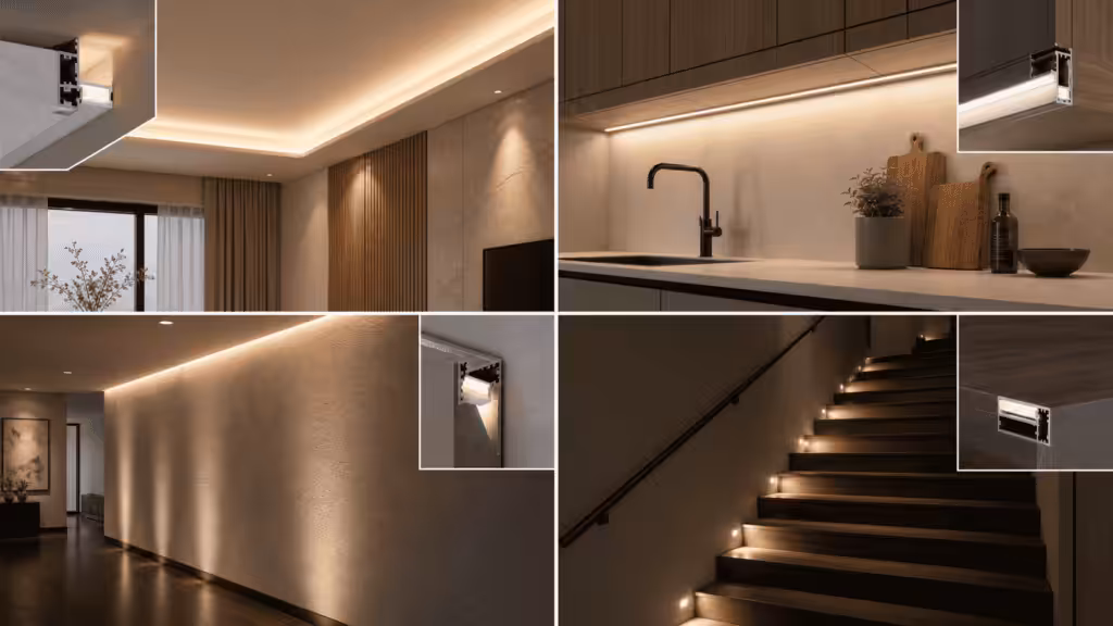 Ambient, task, accent, and stair guidance lighting using LED aluminum profiles
