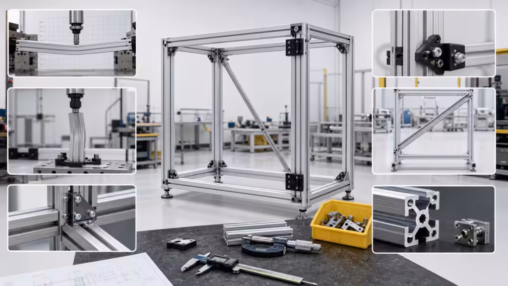 Engineering checks for T-slot aluminum frame loads, deflection, bracing, compatibility, and inspection.