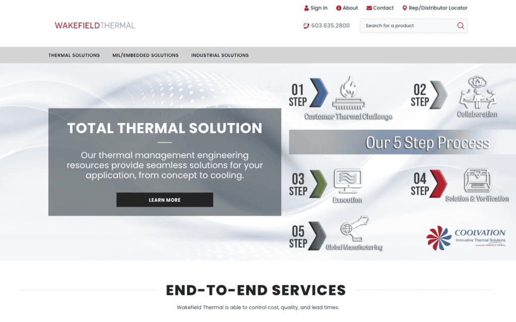 Wakefield Thermal homepage featuring its five-step thermal design process