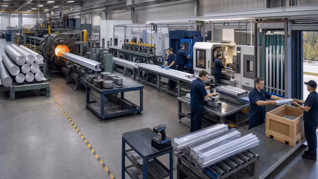 Complete manufacturing route from aluminum billet to finished and packaged extrusion.