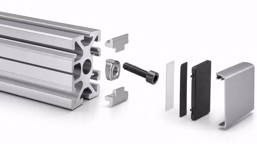 Exploded 6063-T6 T-slot aluminum profile with T-nut, fastener, gasket, and cable cover.