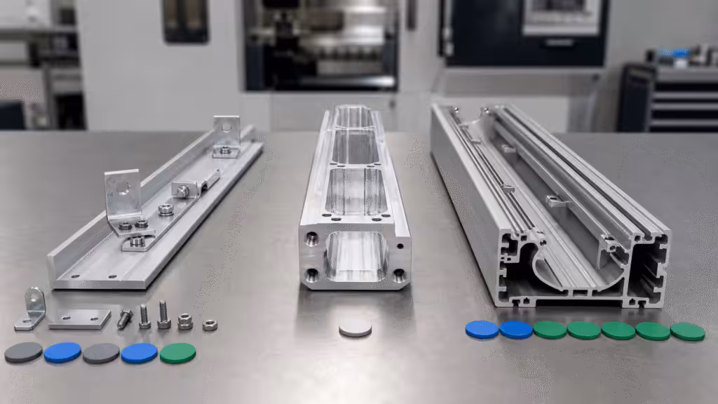 Standard profile, machined billet, and custom aluminum extrusion compared by process.