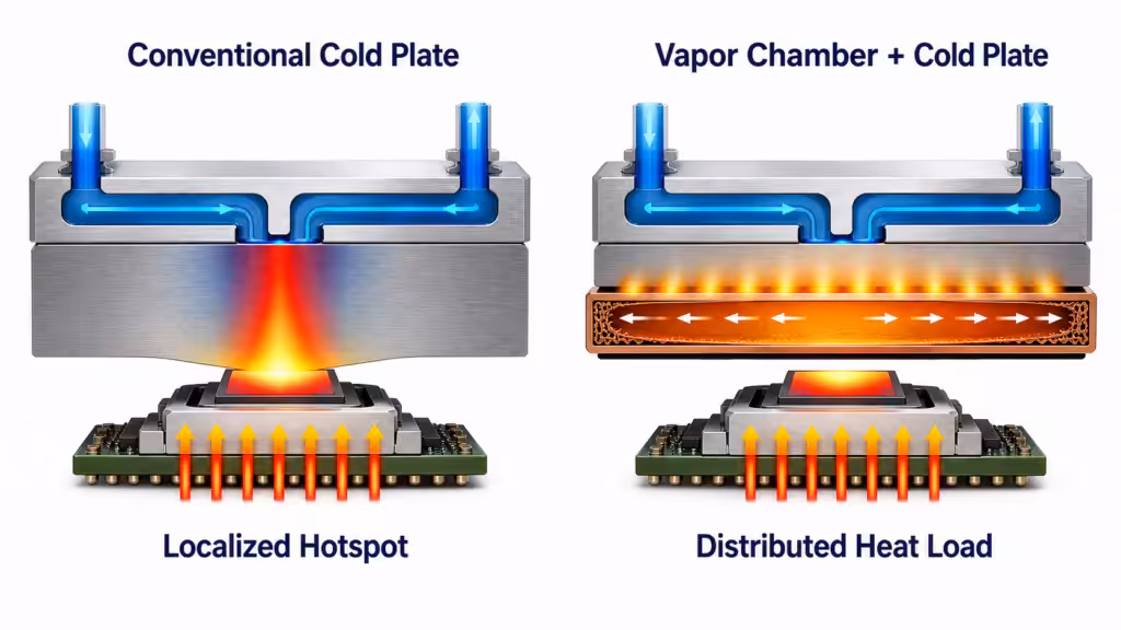 Comparison of a conventional cold plate hotspot and a vapor chamber cold plate with distributed heat spreading