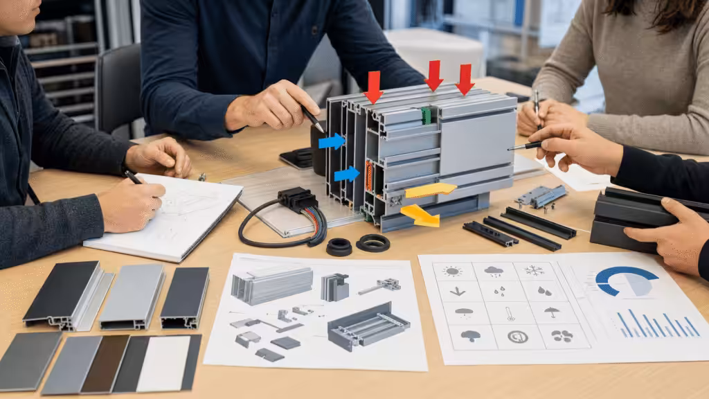 Engineers defining loads and interfaces for a custom aluminum profile.