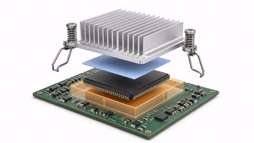 Exploded view of an aluminum heat sink, thermal interface pad, processor chip, and printed circuit board.