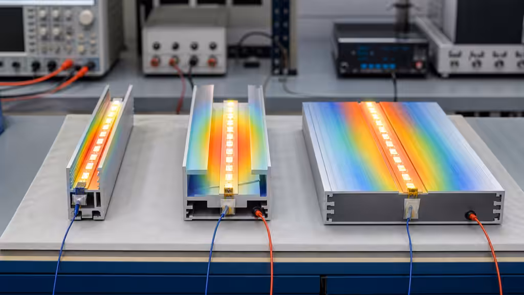 Thermal testing of narrow, medium, and wide LED aluminium profiles with identical LED strips