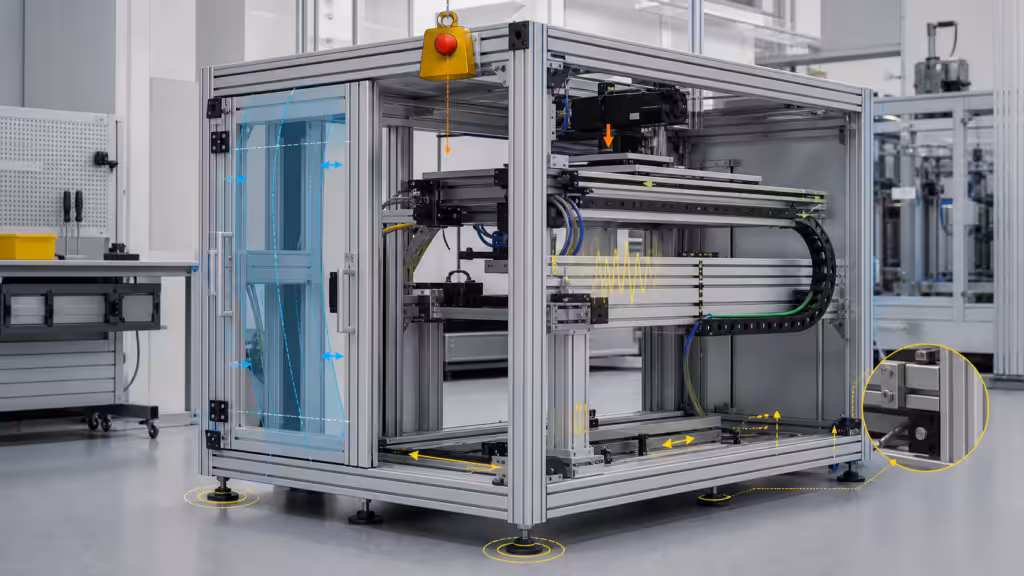 Load cases and design requirements for a modular T-slot aluminum machine frame.