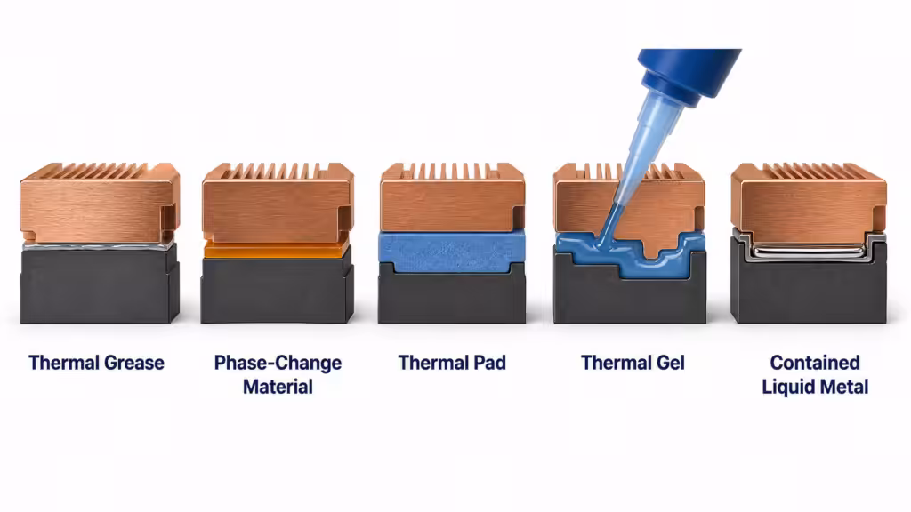 Comparison of thermal grease, phase-change material, thermal pad, thermal gel, and contained liquid metal interfaces