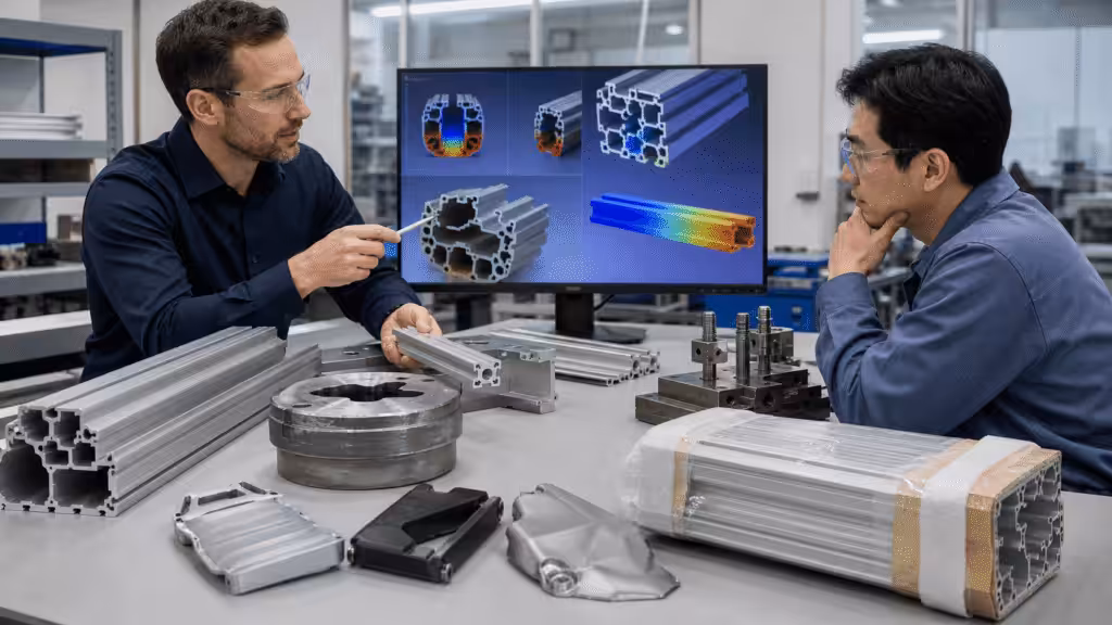 Engineers reviewing extrusion DFM, tooling, machining, finishing, and process alternatives.