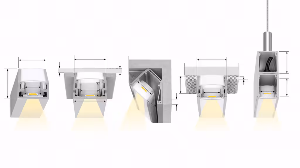 Cross-section comparison of surface, recessed, corner, plaster-in, and suspended LED aluminium profiles
