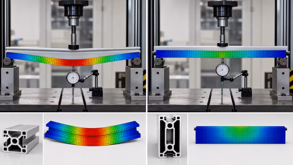 T-slot aluminum profile orientations showing weak-axis and strong-axis beam deflection.