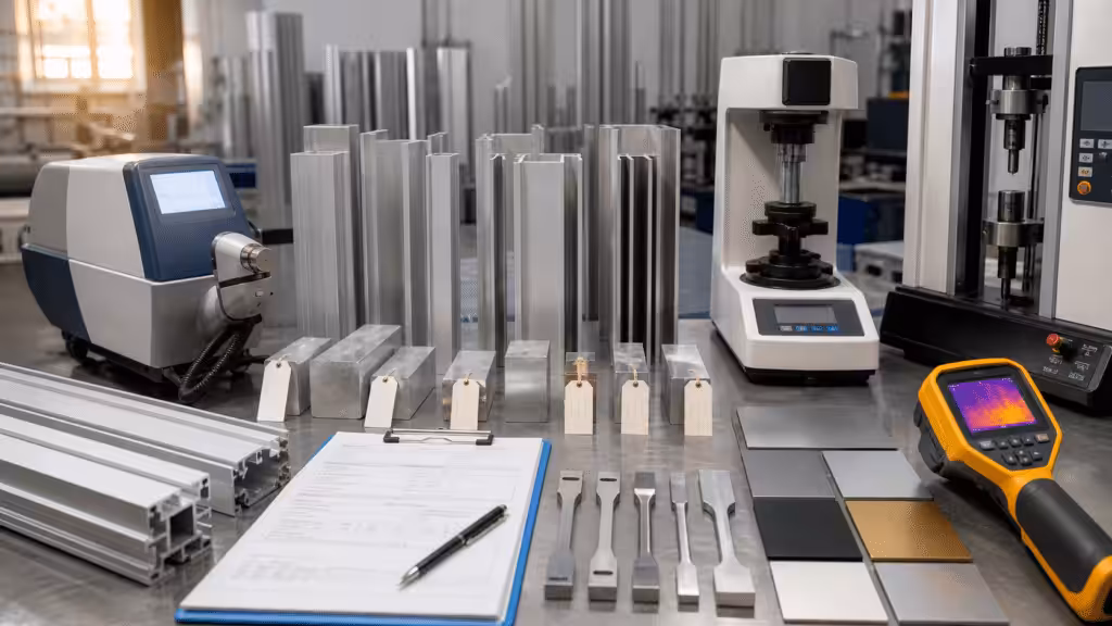 Aluminum extrusion manufacturer alloy, temper, and material traceability verification