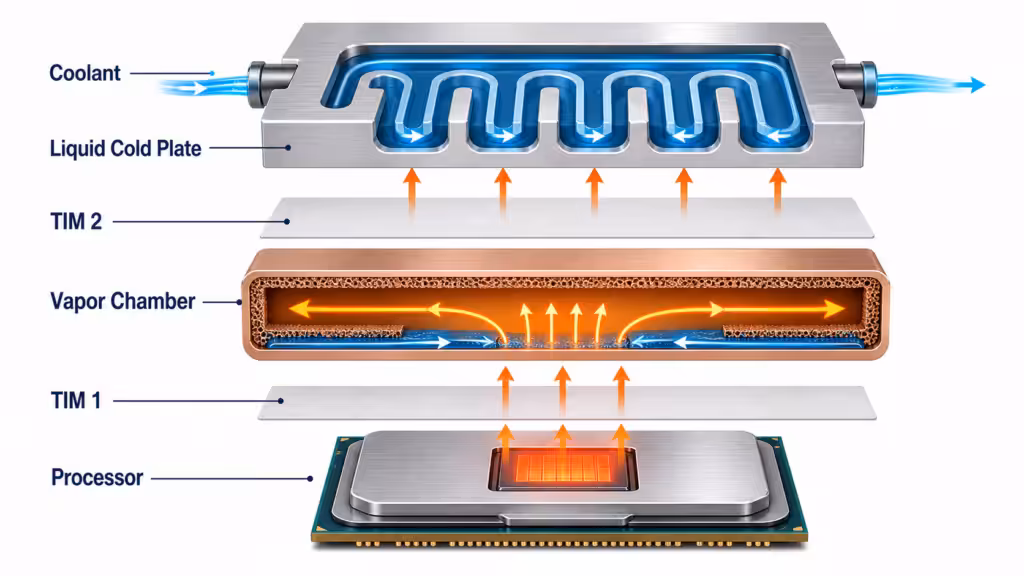 Exploded view of a processor, dual TIM layers, vapor chamber, and liquid cold plate cooling architecture