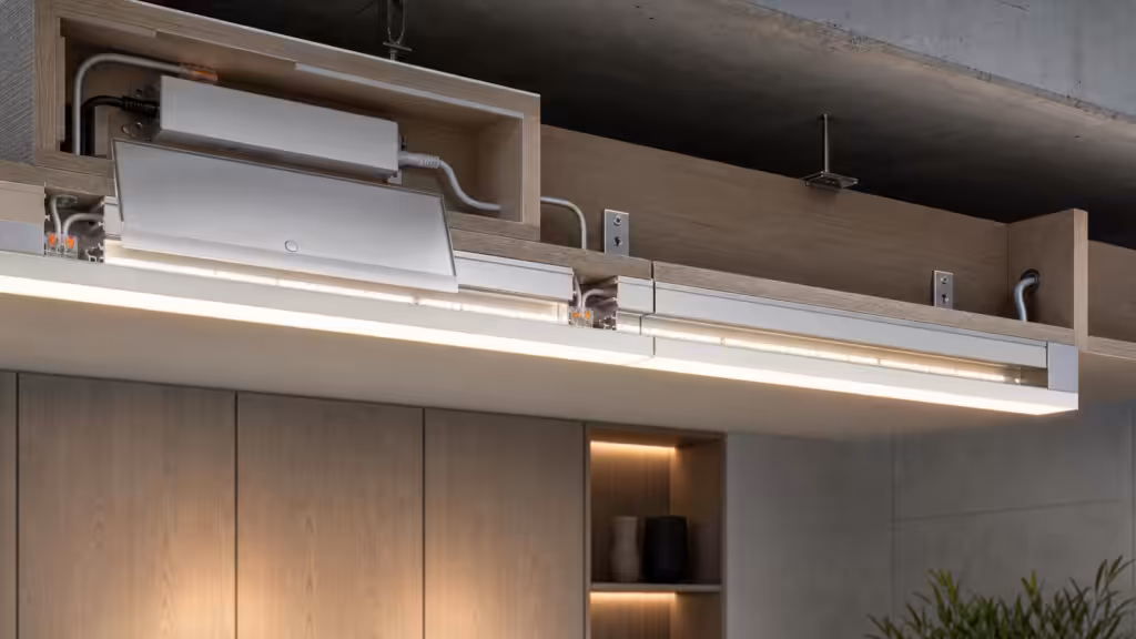 Long LED aluminium profile installation with power injection, cable exits, joints, seals, and driver access