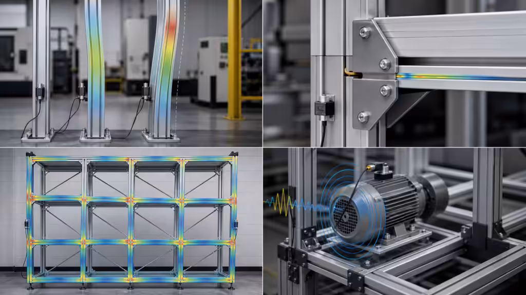 Buckling, joint slip, frame racking, and vibration failure modes in T-slot aluminum structures.