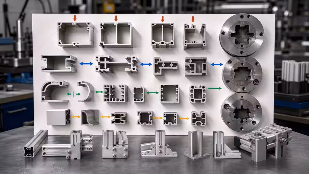 Custom aluminum profile cross-sections reviewed for load paths and extrusion flow.