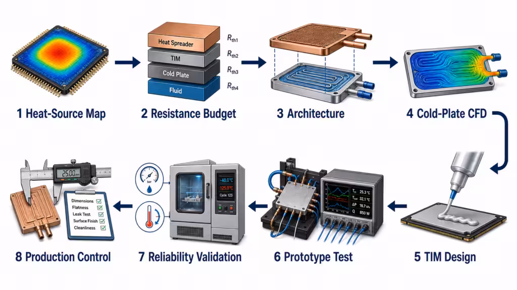 Eight-step high heat flux cooling development workflow from heat-source mapping to production control