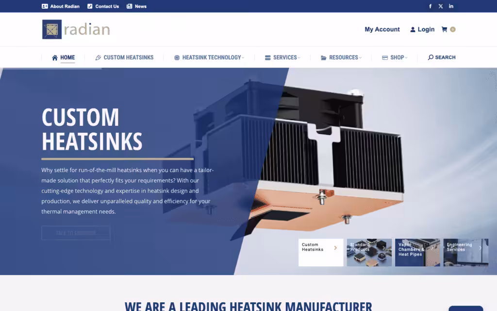 Radian Thermal Products homepage featuring custom heat sink solutions
