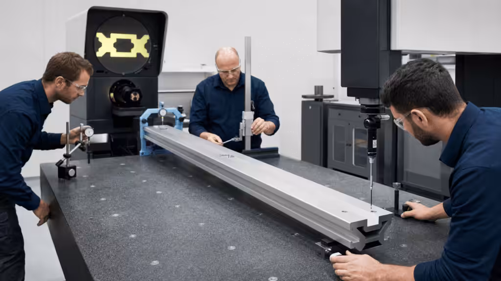 Long custom aluminum profile undergoing precision dimensional inspection.