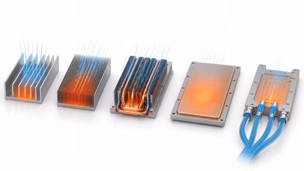 Comparison of passive heat sinks, copper fin heat sinks, heat pipe coolers, vapor chambers, and liquid cooling plates.