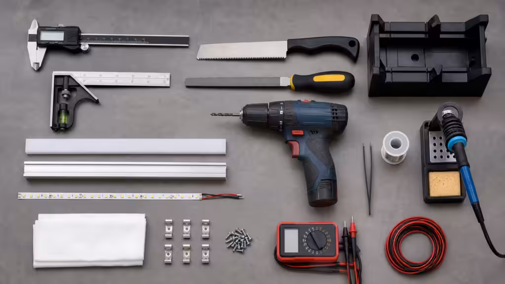 Professional tools and components used to install LED aluminium profiles