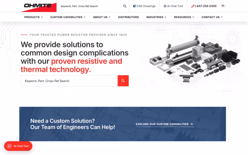 Ohmite homepage presenting heat sinks and power electronics components