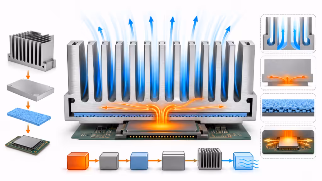 Extruded aluminum heat sink thermal resistance calculation from chip through TIM to airflow