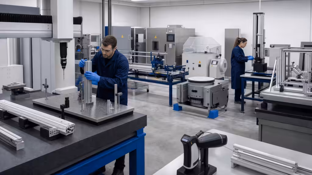Custom aluminum extrusions undergoing dimensional and environmental validation.