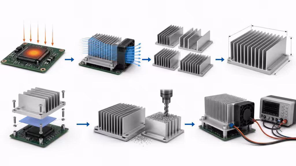 Custom heat sink development process from thermal analysis and design to machining, installation, and performance testing.