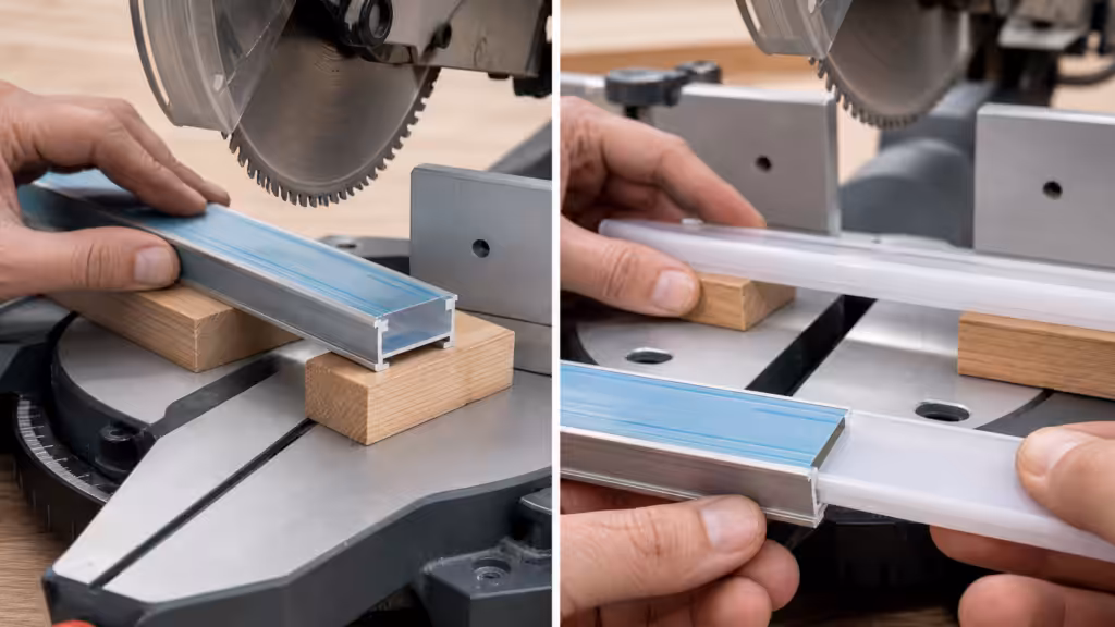 LED aluminium channel and polycarbonate diffuser being measured and cut separately