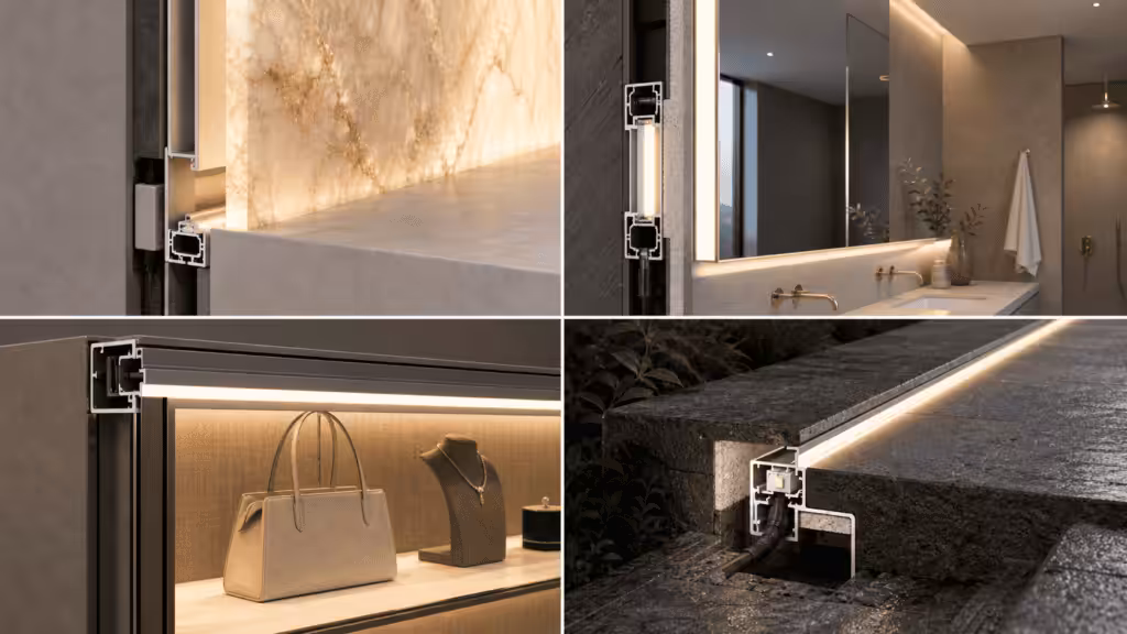 LED aluminum profiles for stone backlighting, mirrors, retail displays, and outdoor paths
