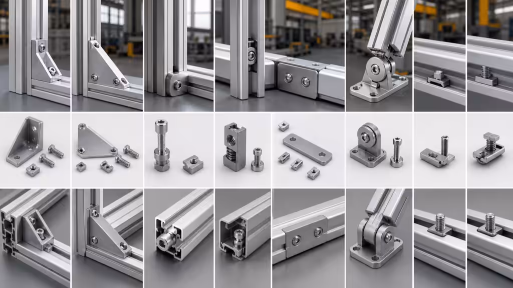 T-slot aluminum profile connectors, corner brackets, gussets, anchors, and T-nuts.
