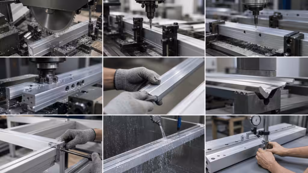 Custom aluminum profiles undergoing cutting, machining, bending, and inspection.