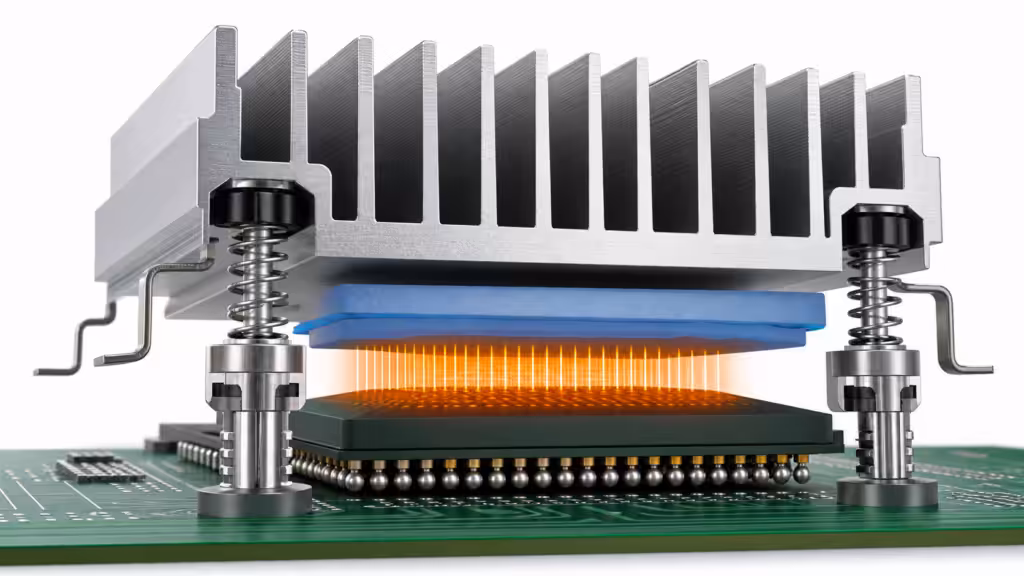Extruded aluminum heat sink mounting with thermal interface material and push pin compression