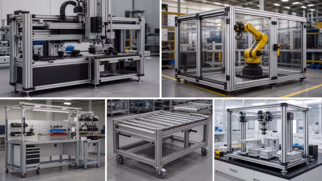 T-slot aluminum profiles used in machine frames, safety enclosures, workstations, carts, and laboratory fixtures.