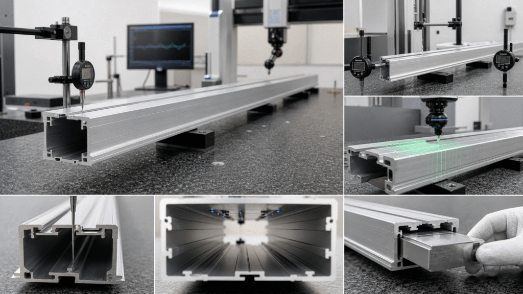 Measuring straightness, twist, flatness, and openings on aluminum channel extrusions
