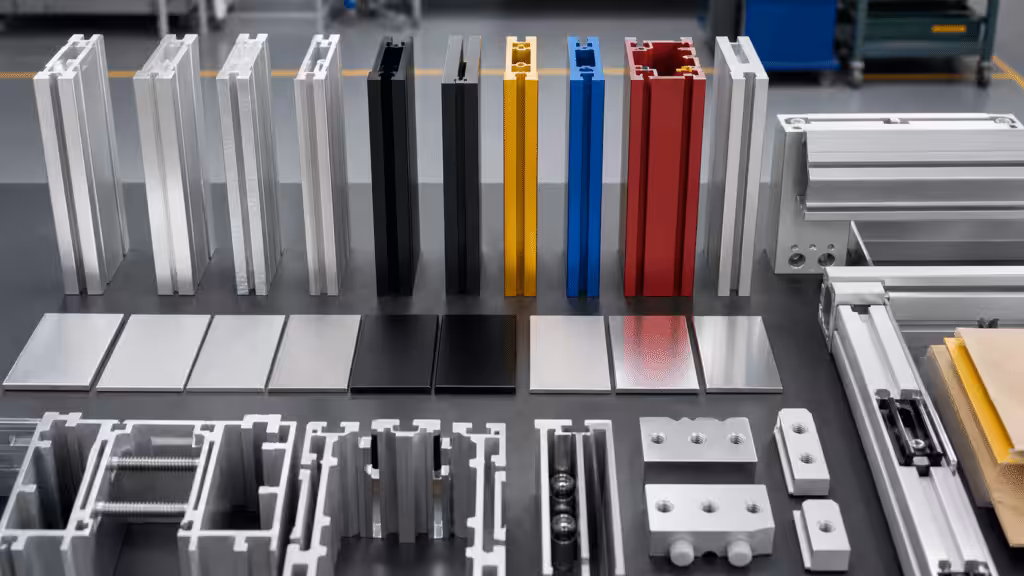Mill-finished, anodized, brushed, and powder-coated aluminum profile samples.