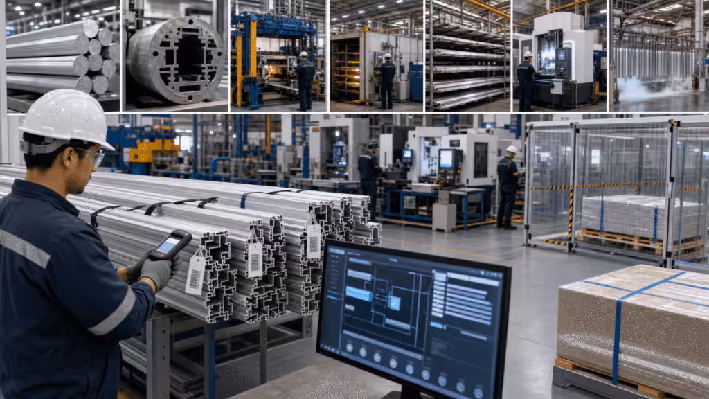 Aluminum extrusion batches traced through production, inspection, delivery, and containment.