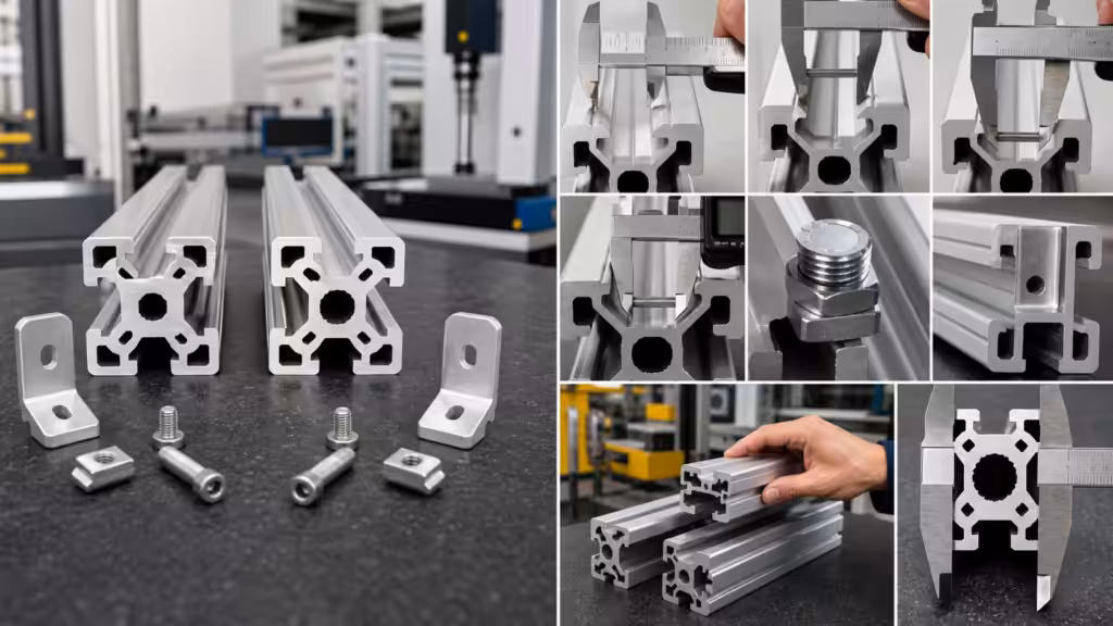 Metrology inspection for cross-brand compatibility of T-slot aluminum profiles and fasteners.