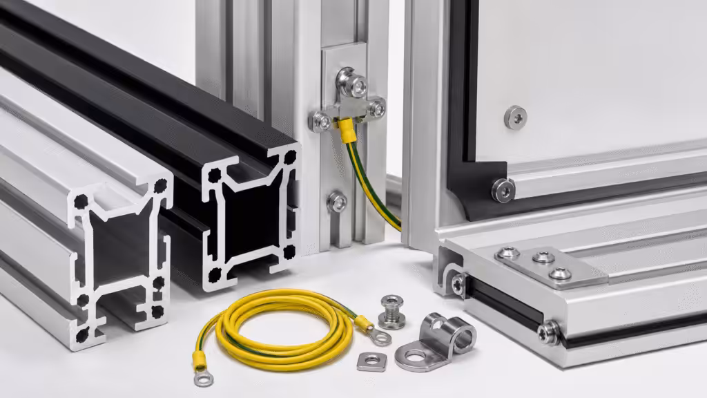 6063-T6 T-slot aluminum profiles with anodized finishes, grounding, and ESD hardware