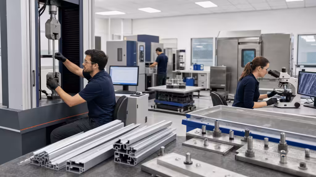 Validation laboratory testing custom aluminum profiles against application risks.