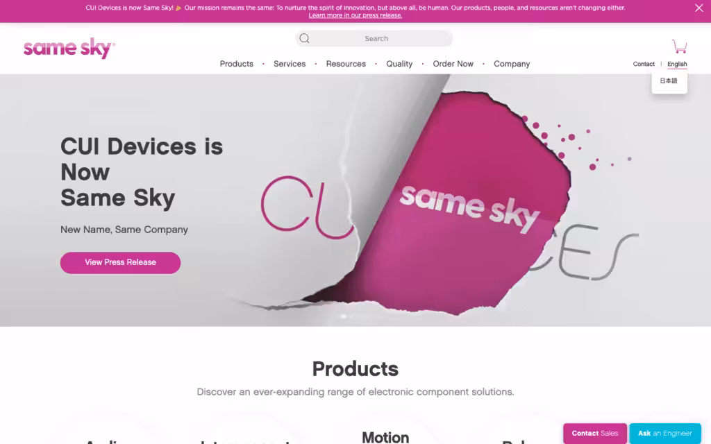 Same Sky homepage introducing the rebranded electronic components company