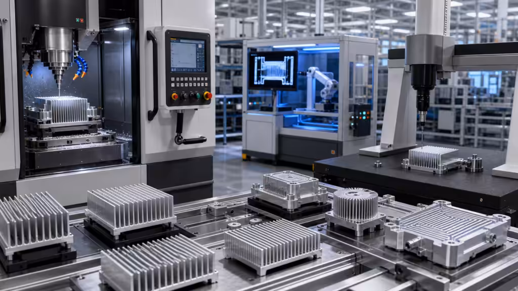 Aluminum heatsink manufacturing and quality control with CNC machining, die casting, and CMM inspection