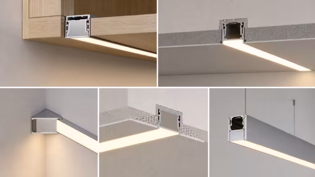 Correct installation of surface, recessed, corner, plaster-in, and suspended LED aluminium profiles