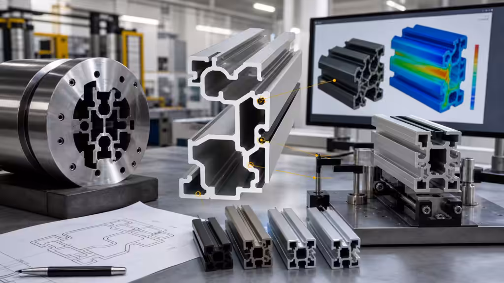 Custom T-slot aluminum extrusion development with integrated channels, grooves, bosses, and mounting slots.
